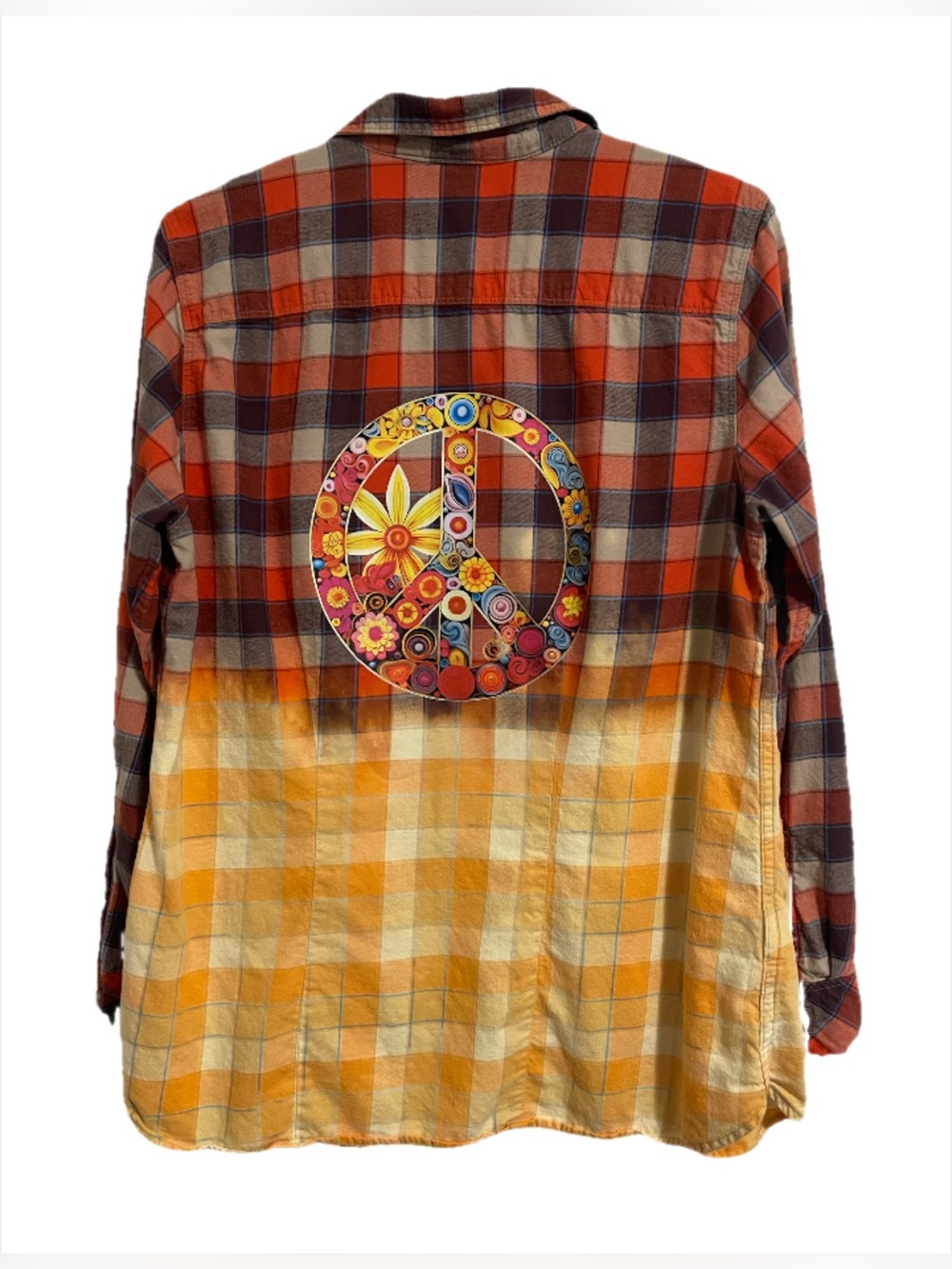 Upcycled “Peace”” Eddie Bauer Orange & Yellow Plaid Flannel Shirt